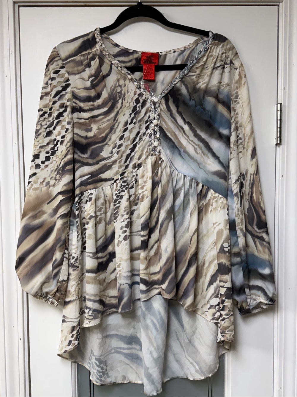 Cristina Abstract Chiffon V-Neck Tunic Blouse Balloon Long Sleeve S